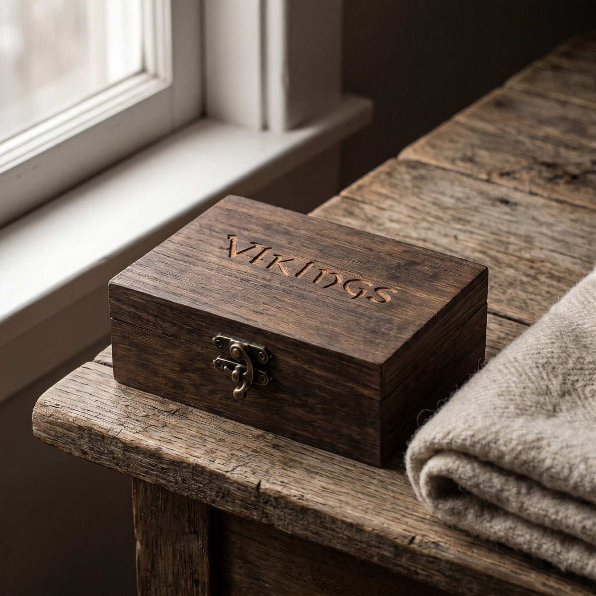 The Chest wooden keepsake box, closed, engraved Vikings