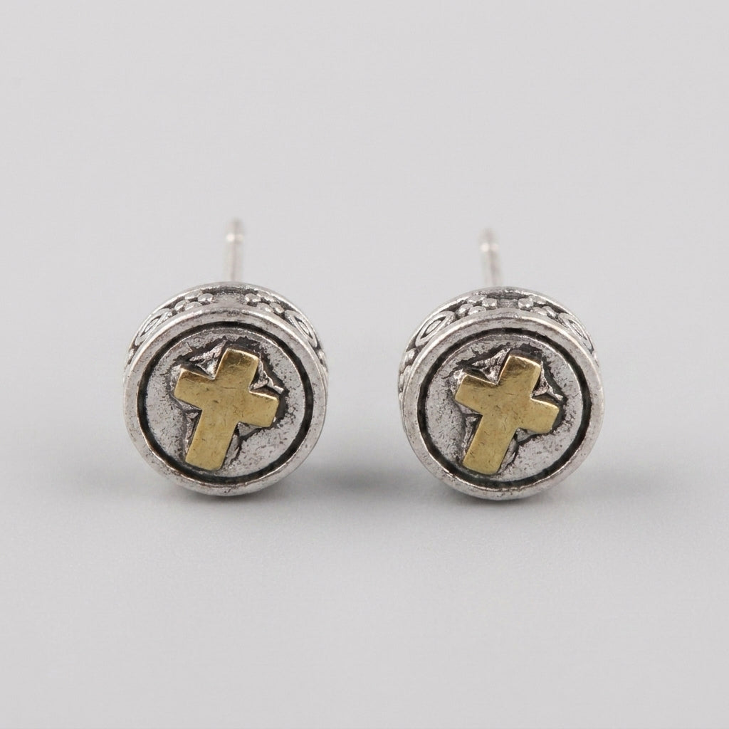 CROSS — 925 Sterling Silver Handmade Two-Tone Stud Earrings