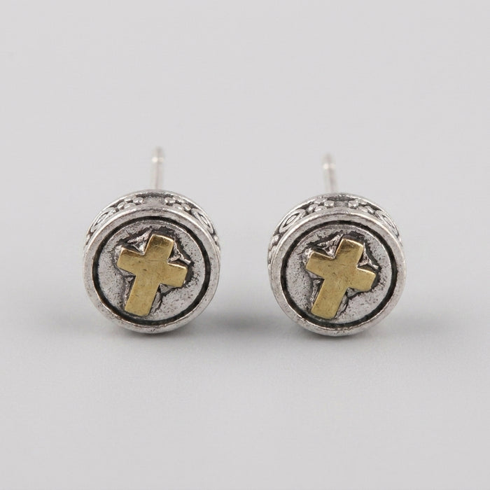 CROSS — 925 Sterling Silver Handmade Two-Tone Stud Earrings