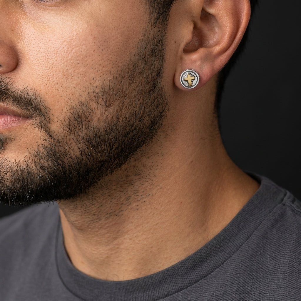 CROSS — 925 Sterling Silver Handmade Two-Tone Stud Earrings