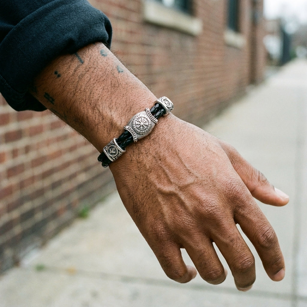 VEGVÍSIR LÆDER — Viking Compass Leather Bracelet