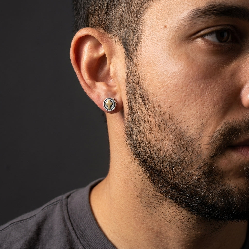 CROSS — 925 Sterling Silver Handmade Two-Tone Stud Earrings