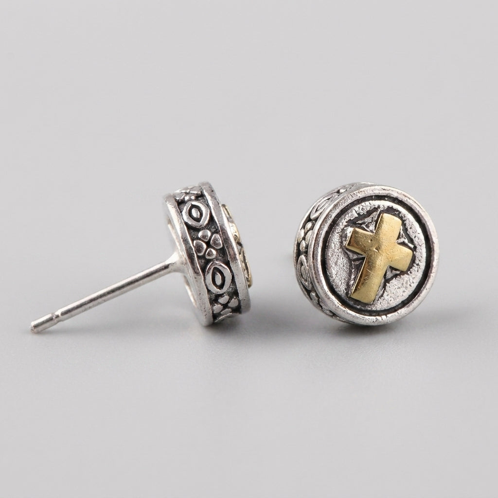 CROSS — 925 Sterling Silver Handmade Two-Tone Stud Earrings