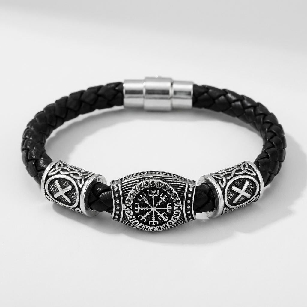 VEGVÍSIR LÆDER — Viking Compass Leather Bracelet