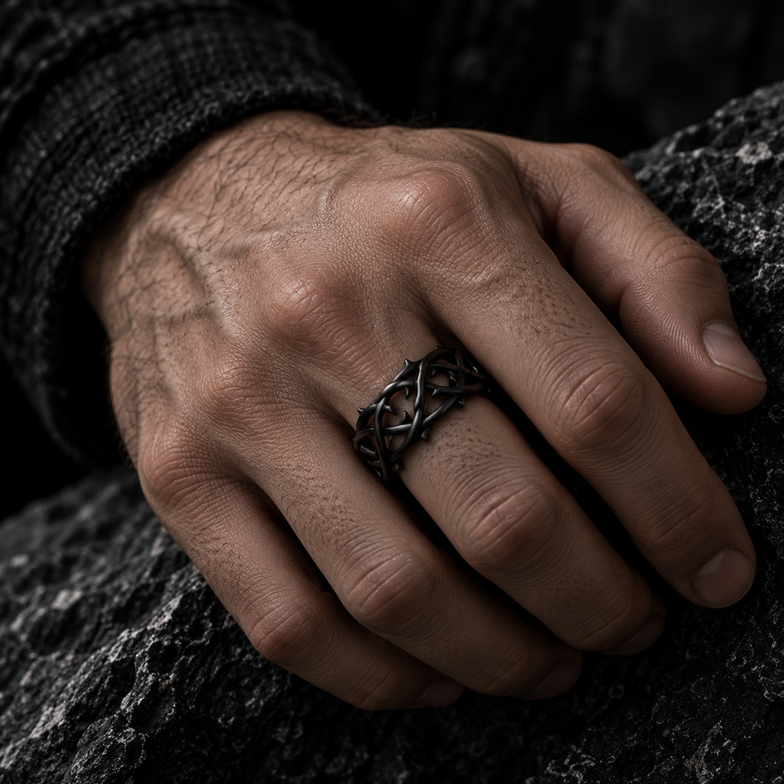 ÞURISAZ thorn ring worn on hand, black