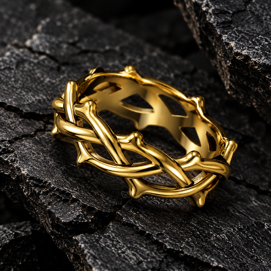 ÞURISAZ thorn ring, gold, on stone